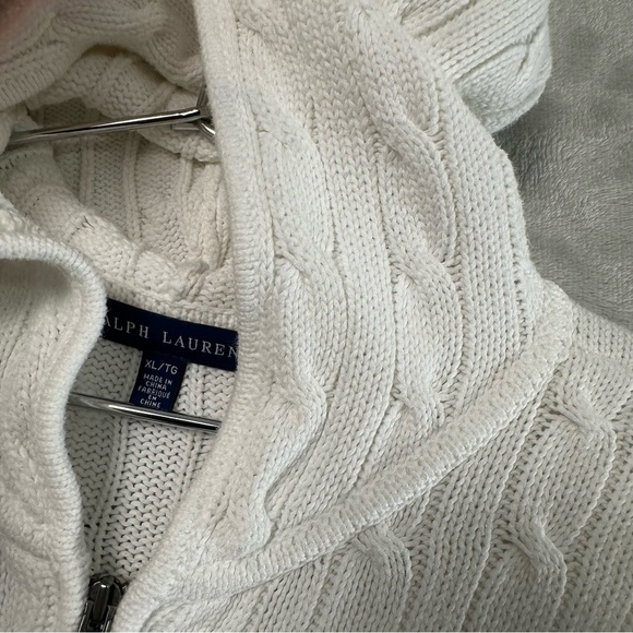 Vtg Ralph Lauren Cable Knit Full Zip Hoodie Sweater Womens XL White Preppy READ - Picture 8 of 13